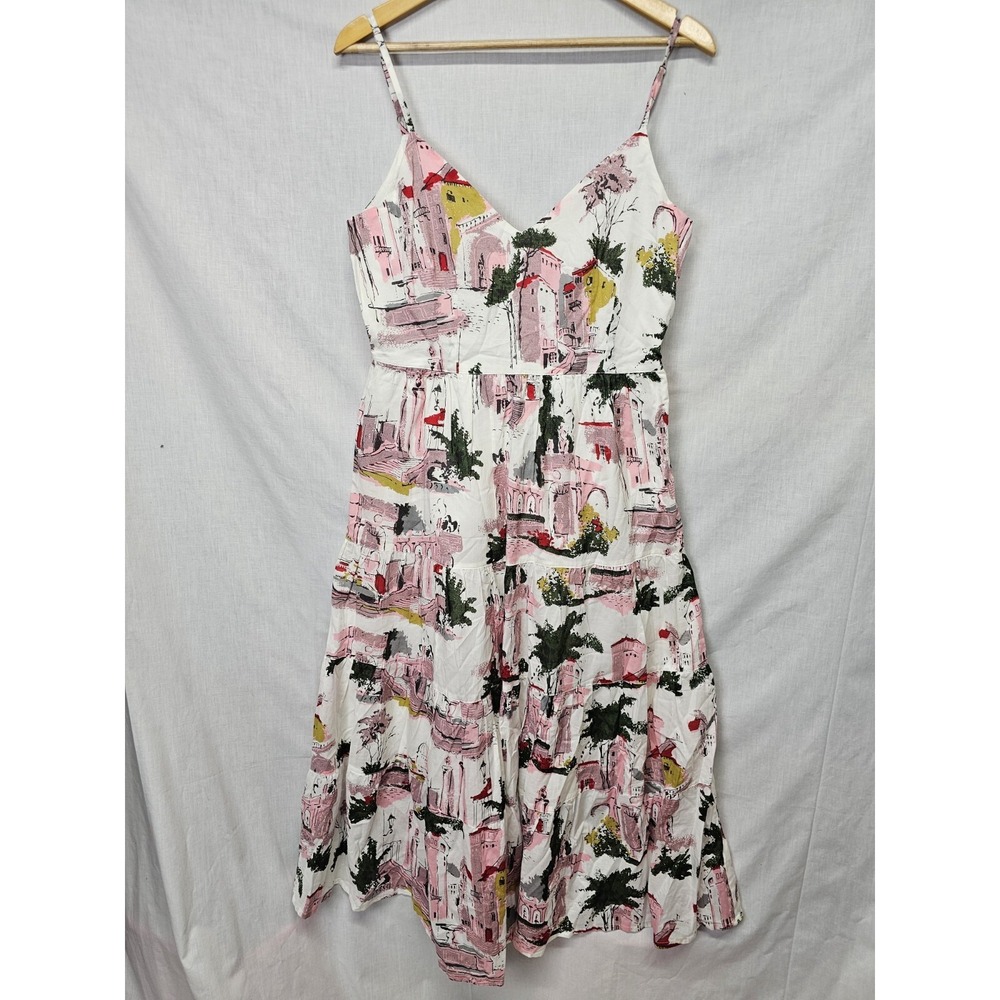 ANTHROPOLOGIE Dress Sz M Lazybones Cityscape Travel Print Tiered Midi Fit Flare